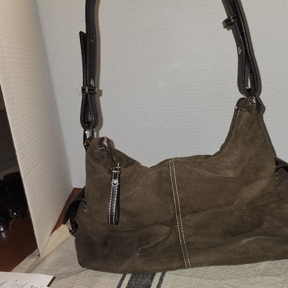 Liz Claiborne Olive Green Suede Shoulder Bag with Dark Brown Trim